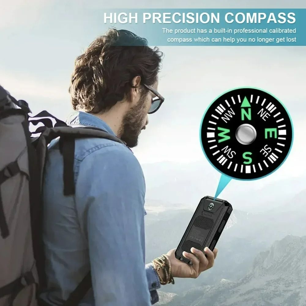Outdoor Solar Power Bank 20000mAh Portable Fast Charger Power Banks with Compass Torch Powerbank LED Lighting Dual USB Outputs For Camping Travel