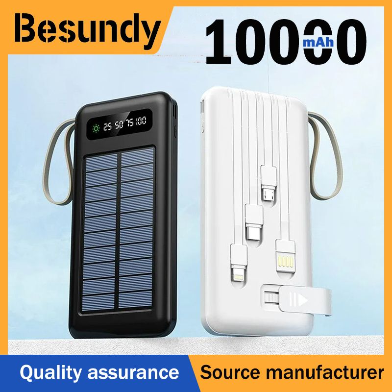 【Besundy】Built in 4 Cables Solar Power Banks 10000mAh TypeC Micro USB Portable Powerbank 4-wire Fast Charge Dual Output Ports Mobile Power Supply