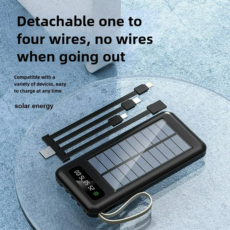 【Besundy】Built in 4 Cables Solar Power Banks 10000mAh TypeC Micro USB Portable Powerbank 4-wire Fast Charge Dual Output Ports Mobile Power Supply
