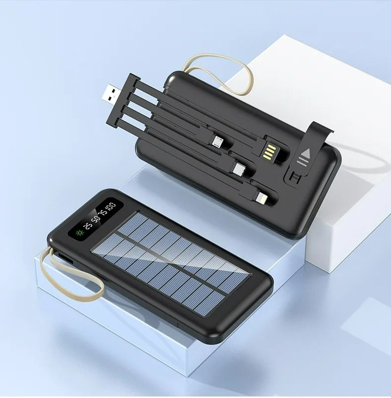 【Besundy】Built in 4 Cables Solar Power Banks 10000mAh TypeC Micro USB Portable Powerbank 4-wire Fast Charge Dual Output Ports Mobile Power Supply