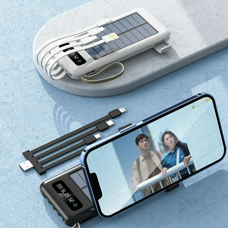 【Besundy】Built in 4 Cables Solar Power Banks 10000mAh TypeC Micro USB Portable Powerbank 4-wire Fast Charge Dual Output Ports Mobile Power Supply