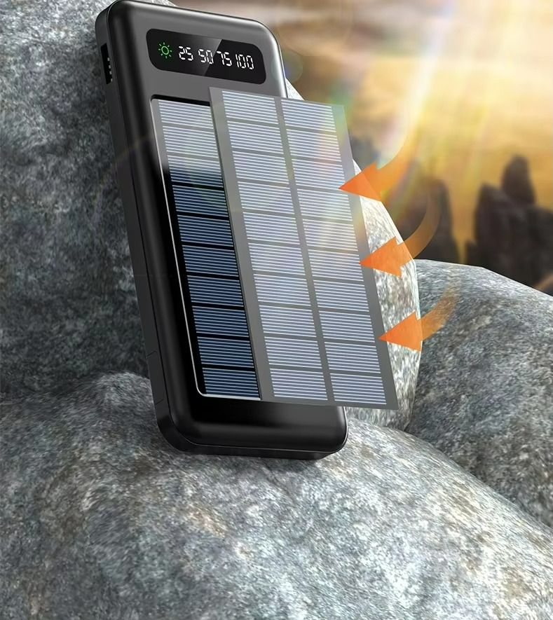 【Besundy】Built in 4 Cables Solar Power Banks 10000mAh TypeC Micro USB Portable Powerbank 4-wire Fast Charge Dual Output Ports Mobile Power Supply