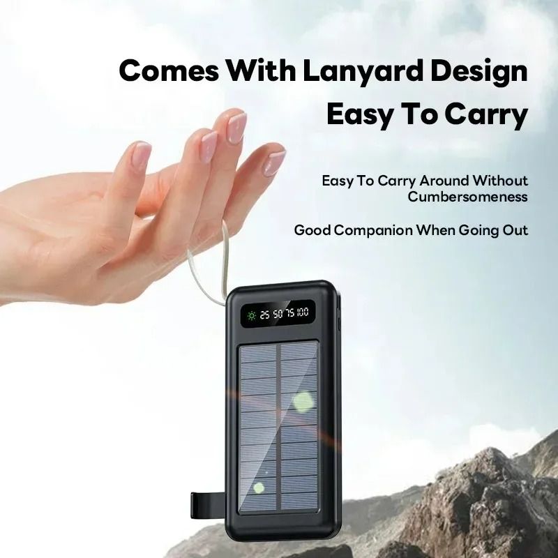 【Besundy】Built in 4 Cables Solar Power Banks 10000mAh TypeC Micro USB Portable Powerbank 4-wire Fast Charge Dual Output Ports Mobile Power Supply