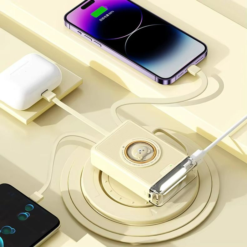 New 10000mAh Cartoon cute Power Bank With 4 Cables Fashion Design Portable Powerbank Built-in Lanyard Fast Charge Mobile Power Supply