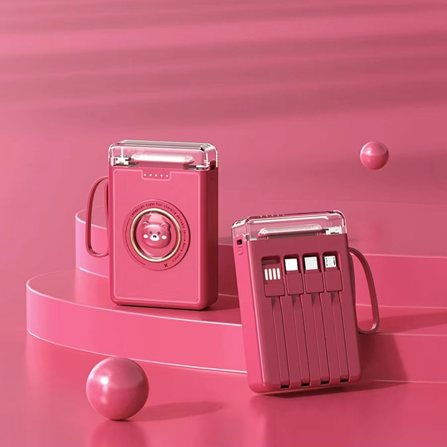 New 10000mAh Cartoon cute Power Bank With 4 Cables Fashion Design Portable Powerbank Built-in Lanyard Fast Charge Mobile Power Supply