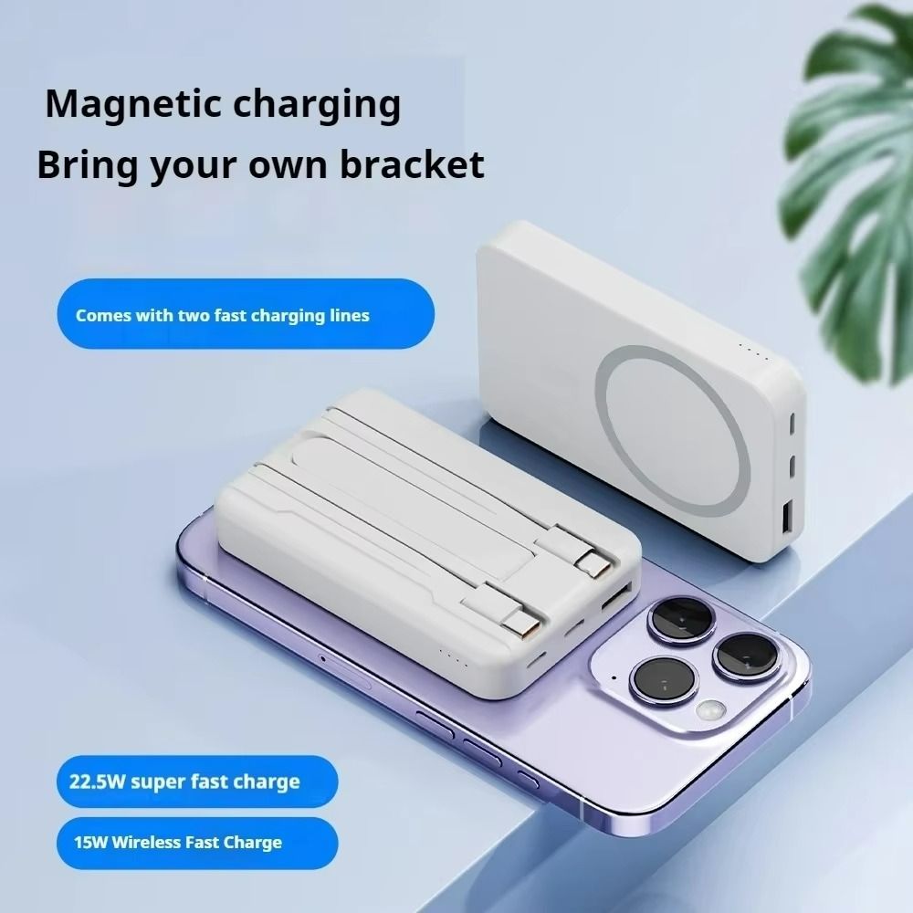 10000mAh Magsafe Magnetic Wireless Power Bank with Phone Bracket PD22.5W Fast Charge Powerbank Built-in 2 Cables Mobile Power Supply
