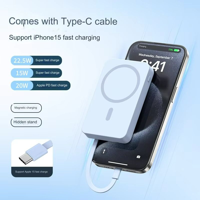10000mAh Magsafe Magnetic Wireless Power Bank with Phone Bracket PD22.5W Fast Charge Powerbank Built-in 2 Cables Mobile Power Supply