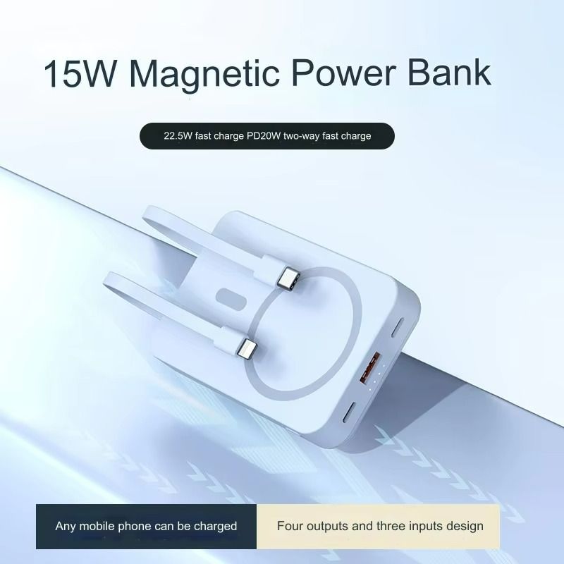 10000mAh Magsafe Magnetic Wireless Power Bank with Phone Bracket PD22.5W Fast Charge Powerbank Built-in 2 Cables Mobile Power Supply