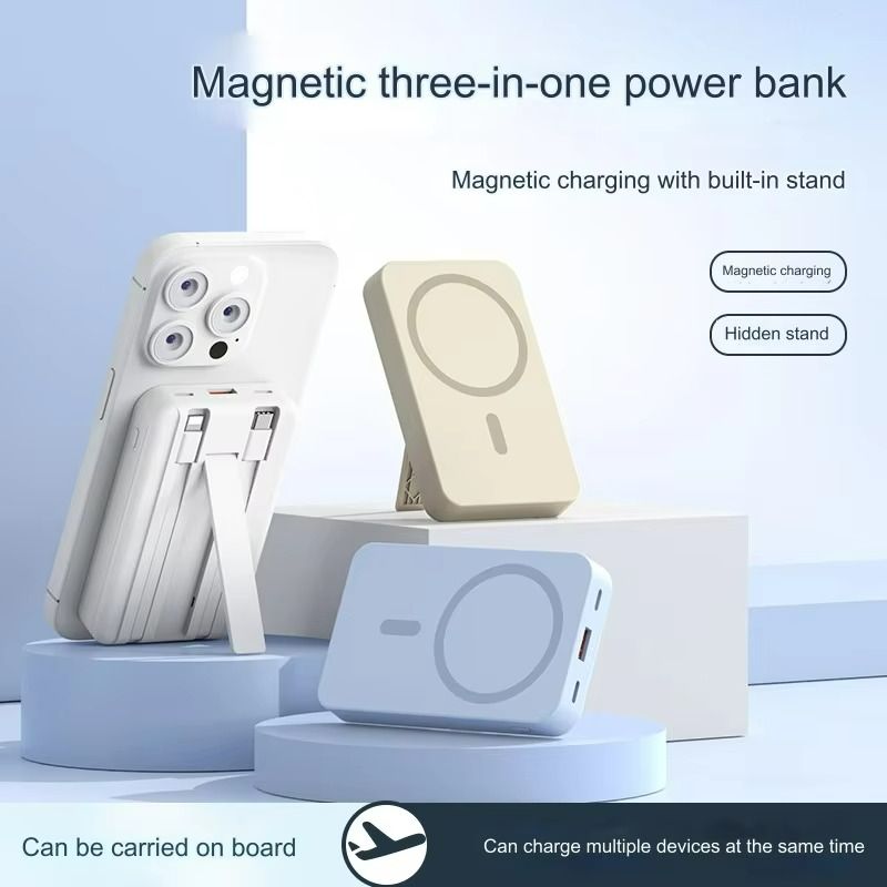 10000mAh Magsafe Magnetic Wireless Power Bank with Phone Bracket PD22.5W Fast Charge Powerbank Built-in 2 Cables Mobile Power Supply