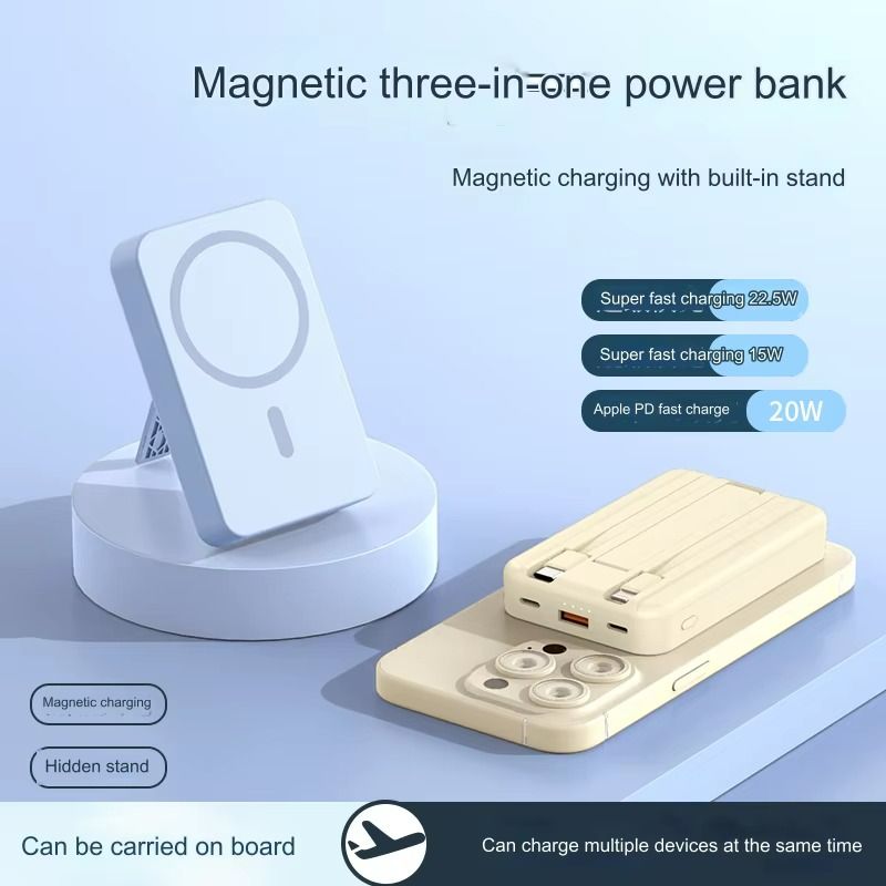 10000mAh Magsafe Magnetic Wireless Power Bank with Phone Bracket PD22.5W Fast Charge Powerbank Built-in 2 Cables Mobile Power Supply