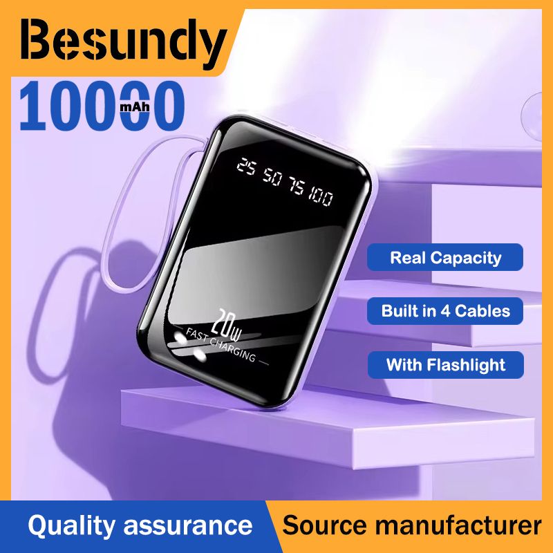 【Besundy】Built in 4 Cables Power Banks 10000mAh Powerbank Portable 2A Fast Charge Power Banks with Flashlight For IPhone Android Type-C powerbank