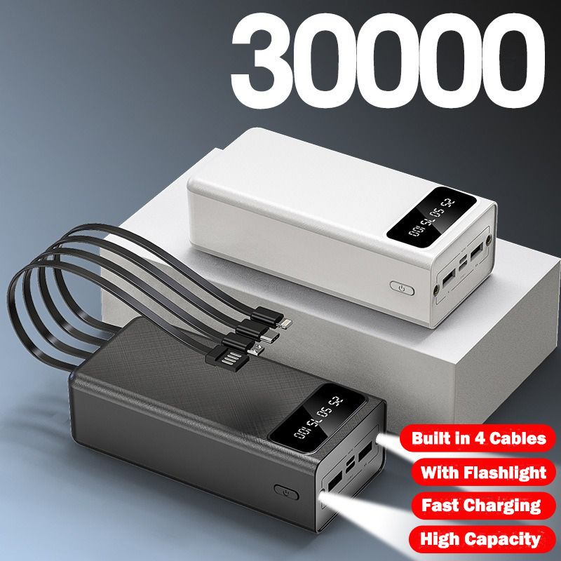 30000mAh Built in 4 Cables Power Banks with Flashlight TypeC Micro USB Portable Powerbank 4-wire Fast Charge Dual Output Ports Mobile Power Supply