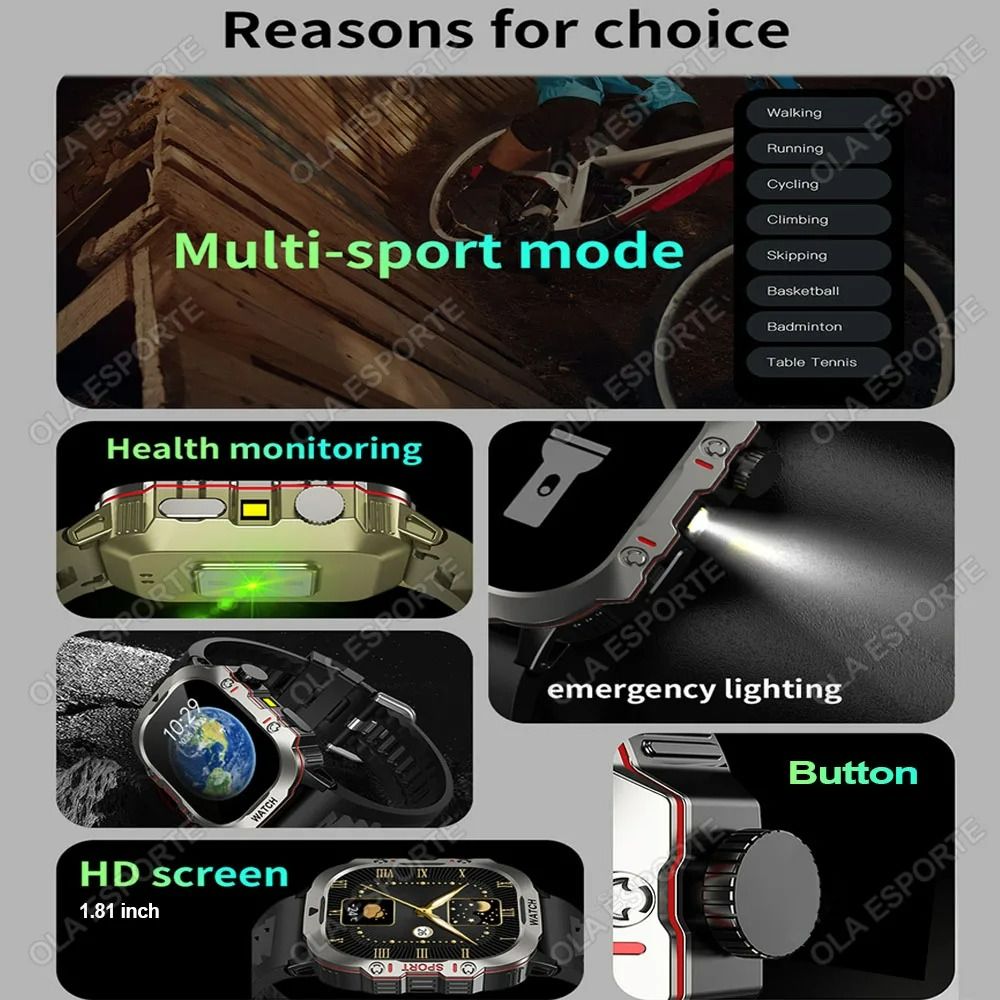 2025 New Rugged Outdoor Military Smartwatch GPS Men Flashlight Wireless Call Waterproof Sport Tracker 100+ Sports Modes HD Bluetooth Call Smart Watch