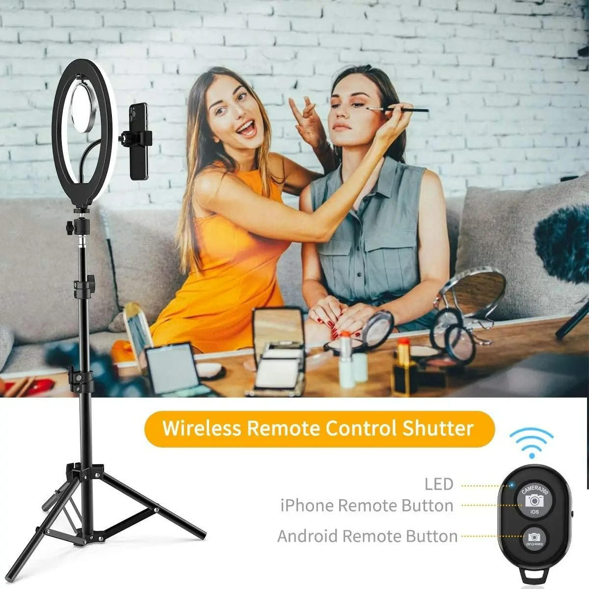 Besundy 2.1M Tripod Stand with 10 Inch LED Ring Light- Dimmable Beauty Ringlight Three colors adjustable for Selfie Live Stream/Makeup/Youtube/Tiktok Video