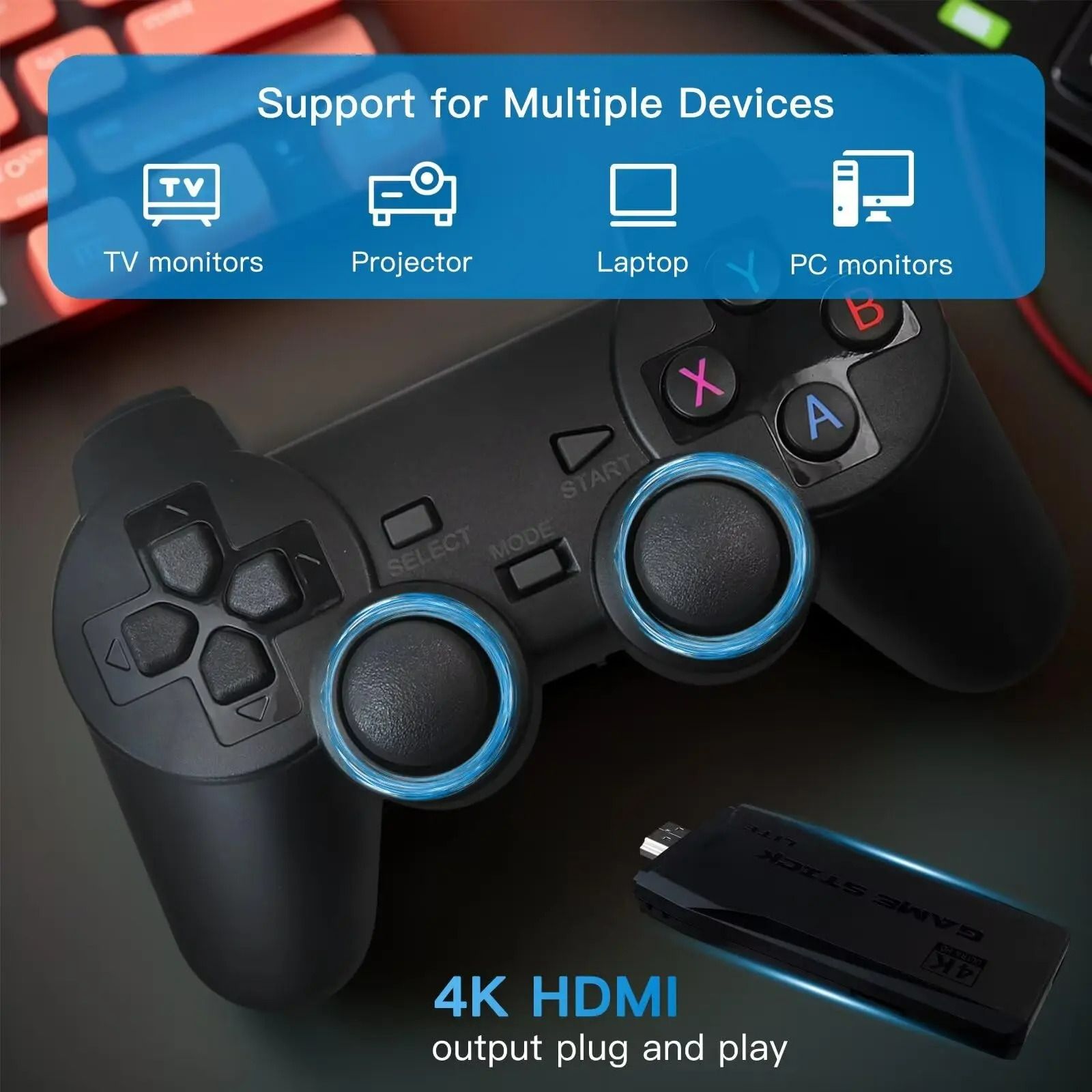 20000+ Classic Games 64G Video Gaming Consoles 4K HD Output Retro Game Stick 2.4G Double Wireless Controller