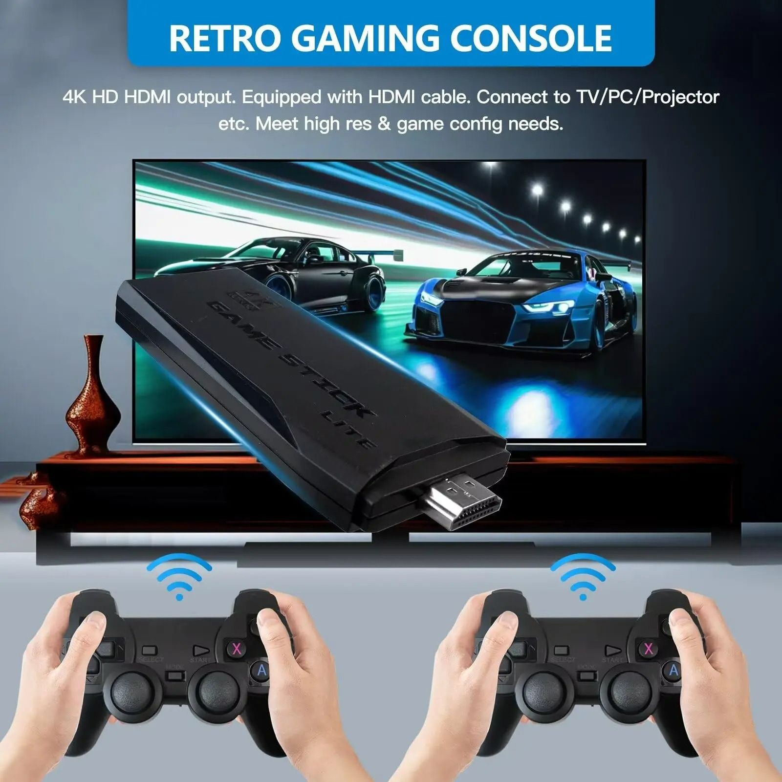20000+ Classic Games 64G Video Gaming Consoles 4K HD Output Retro Game Stick 2.4G Double Wireless Controller