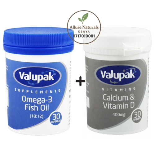 Valupak Omega-3 Fish Oil 1000mg Capsules x 30 Plus Valupak Calcium 400mg With Vitamin D Chewable Tablets Powerful Dual Supplement Pack That Supports Heart, Brain, Bone, And Joint Health
