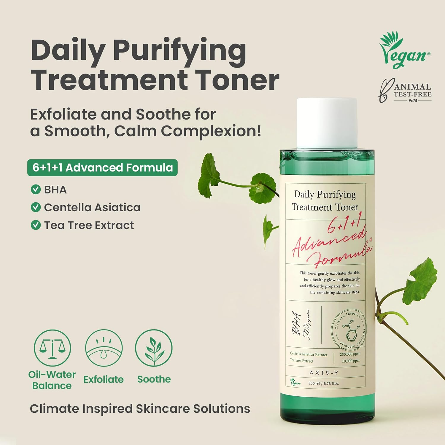 AXIS-Y Daily Purifying Treatment Toner with Salicylic Acid & Centella Asiatica - Pore Minimizer, Oil Control & Blemish Treatment Face Exfoliator - Vegan Korean Skin Care BHA Toner