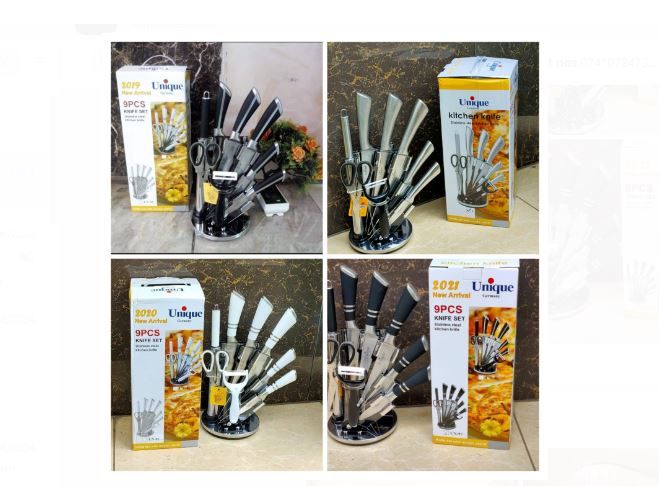 New Arrival UNIQUE Classy 9PCS Stainless Steel Kitchen Knife Set With Stand and Kitchen Scissors