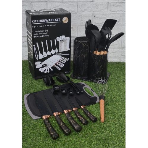 25PCS Silicone Kitchen Utensil Set (Serving or Cooking Spoons, Knife, Scissors, Chopping Board, Whisk, measuring spoons and Pot holders) Kitchenware Set