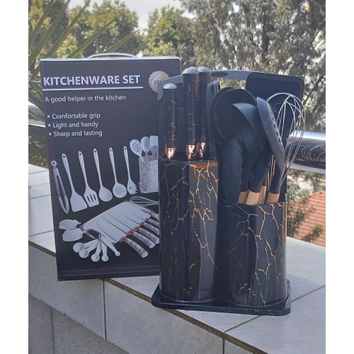 25PCS Silicone Kitchen Utensil Set (Serving or Cooking Spoons, Knife, Scissors, Chopping Board, Whisk, measuring spoons and Pot holders) Kitchenware Set