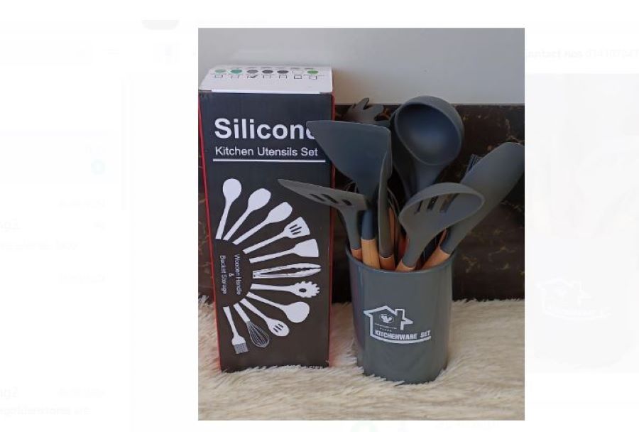 Grey Silicone Spoons Set Kitchen Utensil Set Wooden Handle and Bucket Storage Kicthenware Set
