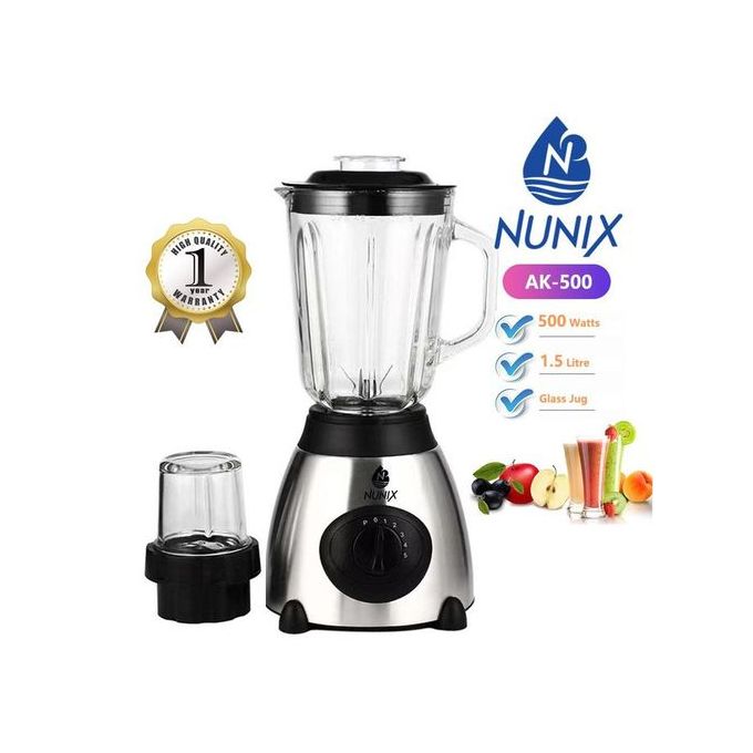 Nunix 2 In 1 1.5ltrs Blender with Grinding Machine or Grinder and Durable Motor 500W with Unbreakable Glass Jar  and 5 Speeds