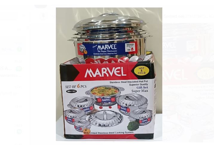 6ps Marvel Super Max Stainless Steel Insulated Hotpots Serve Hot or Cold Hot Pots for Serving Food and Keep Food Hot Servare Dish Set with Unique Stainless Steel Locking System