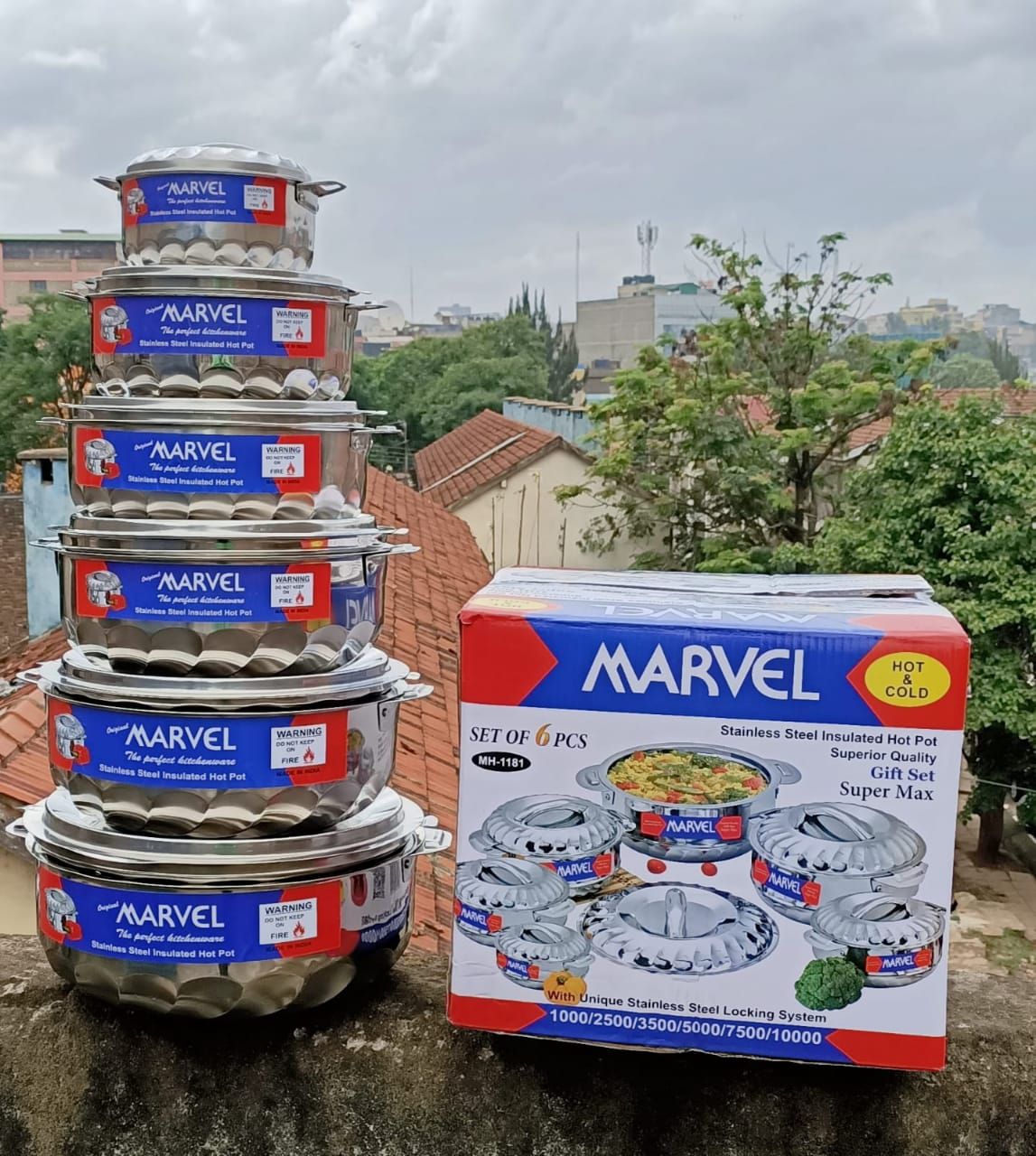 6ps Marvel Super Max Stainless Steel Insulated Hotpots Serve Hot or Cold Hot Pots for Serving Food and Keep Food Hot Servare Dish Set with Unique Stainless Steel Locking System (1000, 2500, 3500, 5000