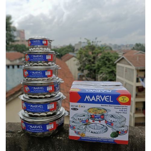 6ps Marvel Super Max Stainless Steel Insulated Hotpots Serve Hot or Cold Hot Pots for Serving Food and Keep Food Hot Servare Dish Set with Unique Stainless Steel Locking System (1000, 2500, 3500, 5000