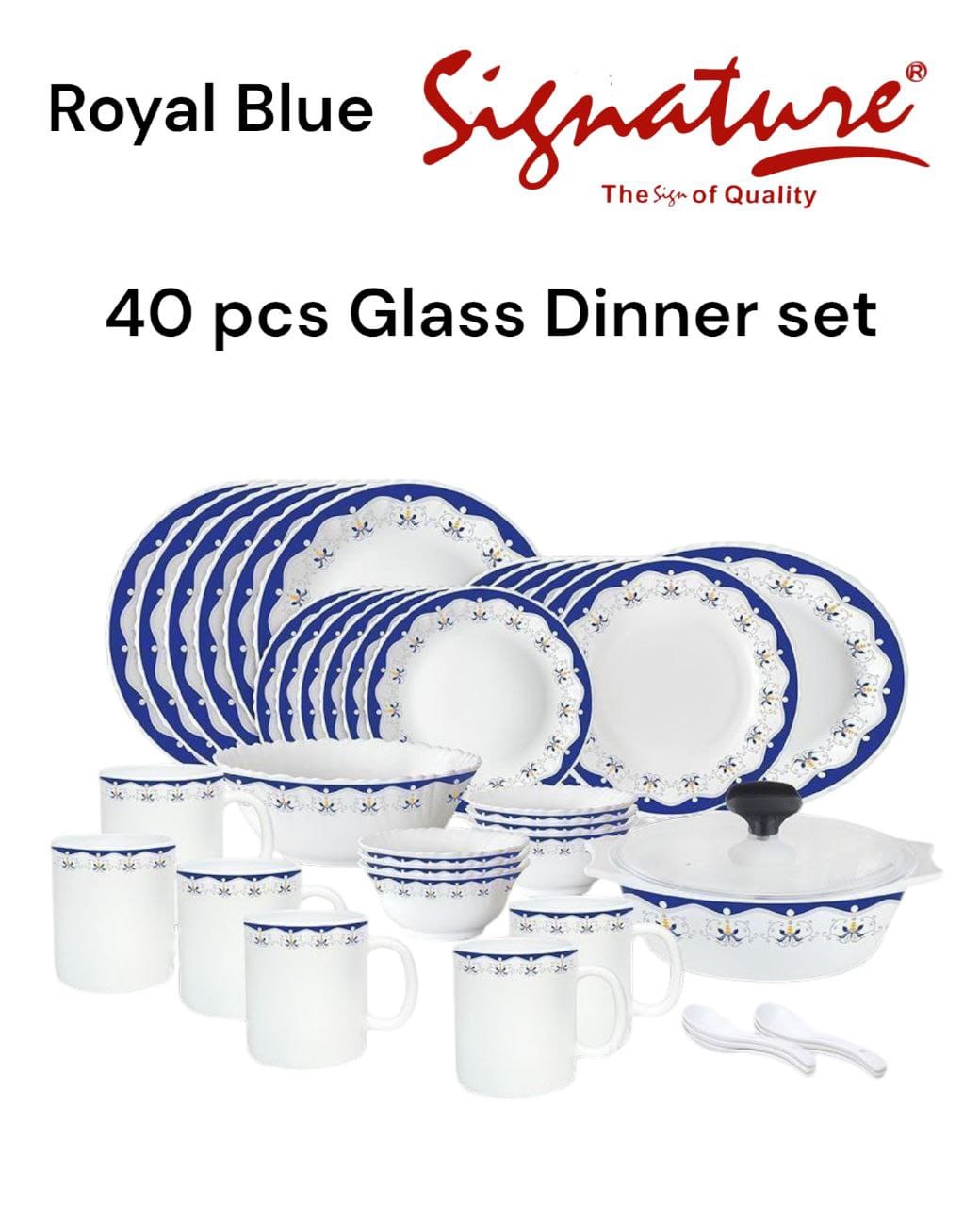 40 pcs Signature Glass Dinner sets  containing Dinning Plates, Side Plates, Cups, Bowls and Spoons