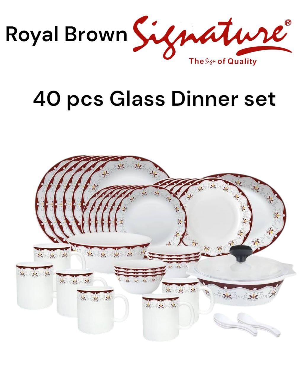 40 pcs Signature Glass Dinner sets  containing Dinning Plates, Side Plates, Cups, Bowls and Spoons