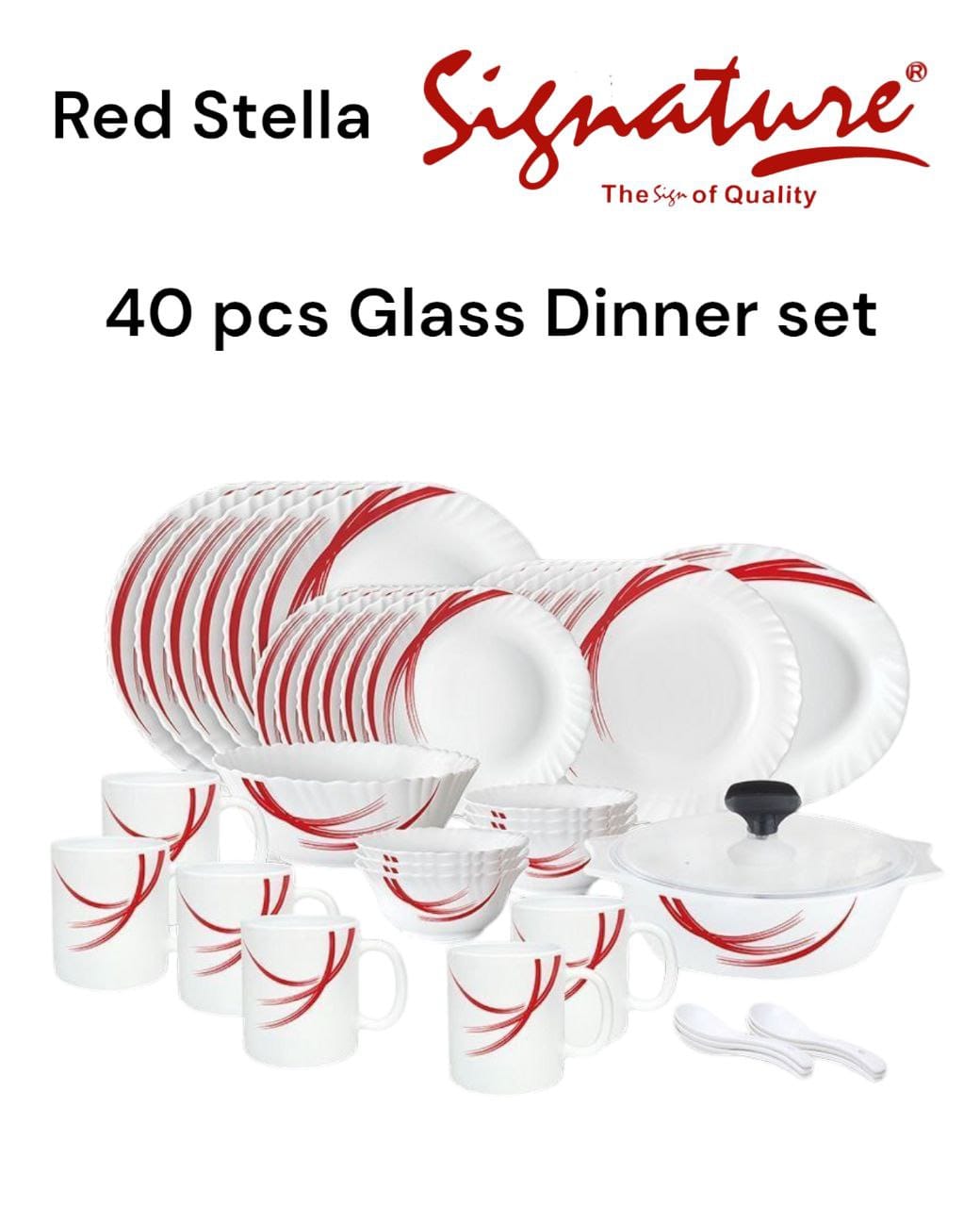 40 pcs Signature Glass Dinner sets  containing Dinning Plates, Side Plates, Cups, Bowls and Spoons