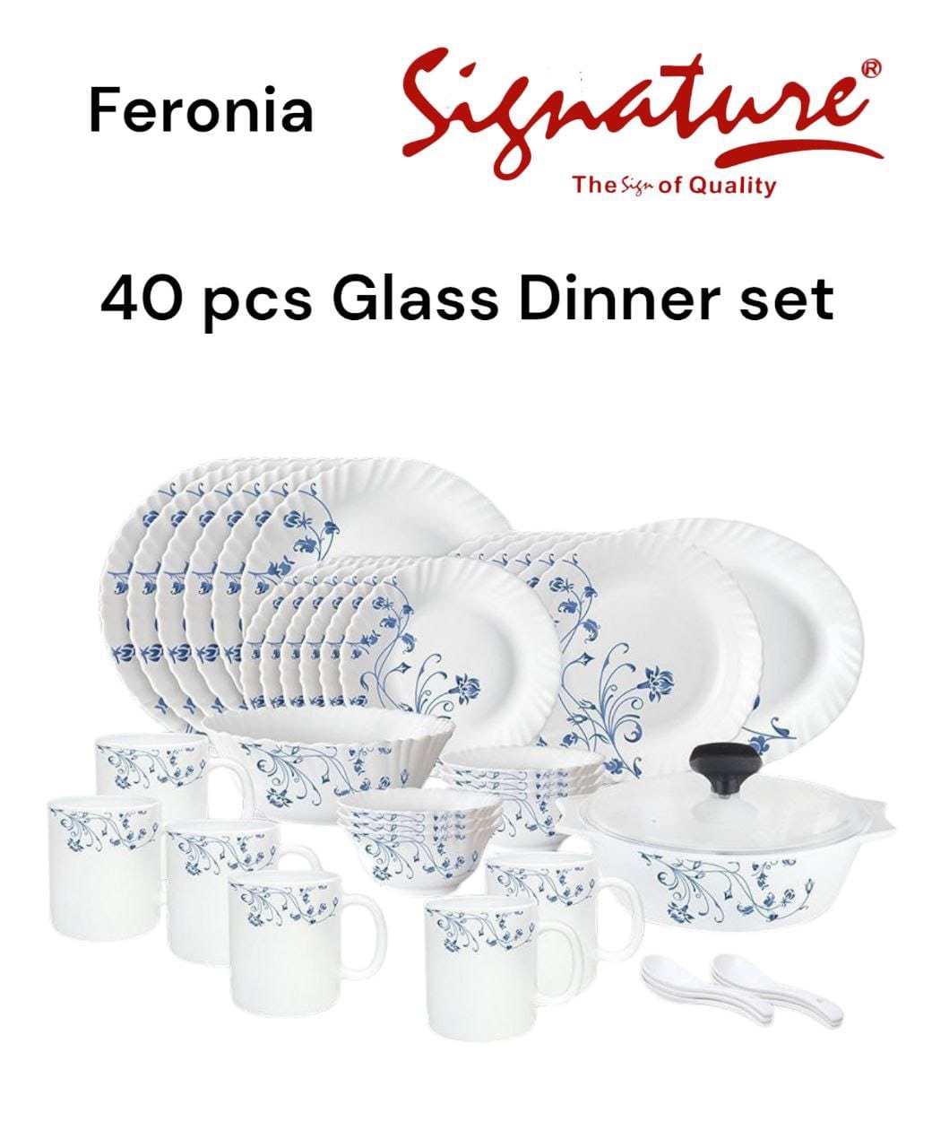 40 pcs Signature Glass Dinner sets  containing Dinning Plates, Side Plates, Cups, Bowls and Spoons