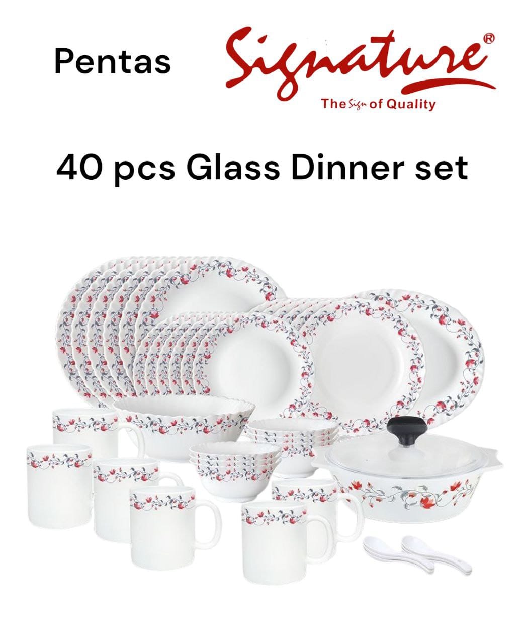 40 pcs Signature Glass Dinner sets  containing Dinning Plates, Side Plates, Cups, Bowls and Spoons