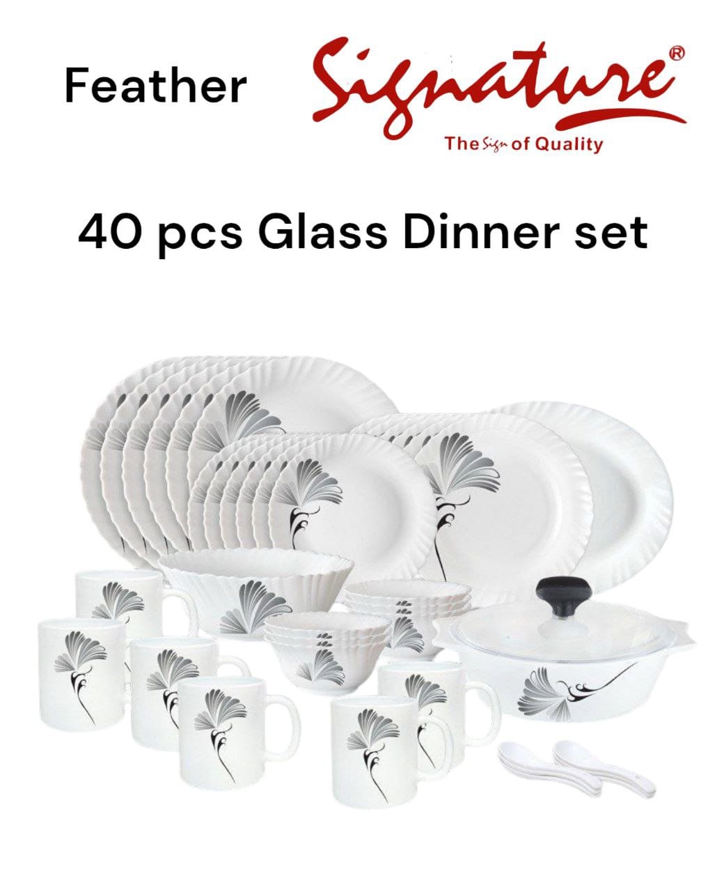 40 pcs Signature Glass Dinner sets  containing Dinning Plates, Side Plates, Cups, Bowls and Spoons