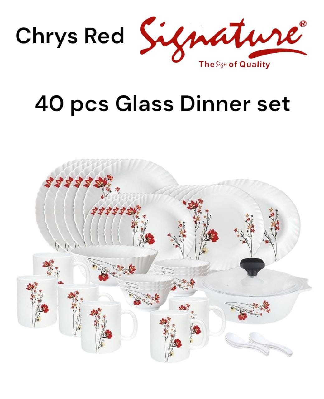 40 pcs Signature Glass Dinner sets  containing Dinning Plates, Side Plates, Cups, Bowls and Spoons