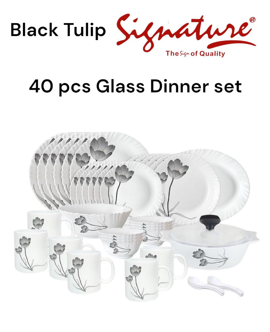 40 pcs Signature Glass Dinner sets  containing Dinning Plates, Side Plates, Cups, Bowls and Spoons