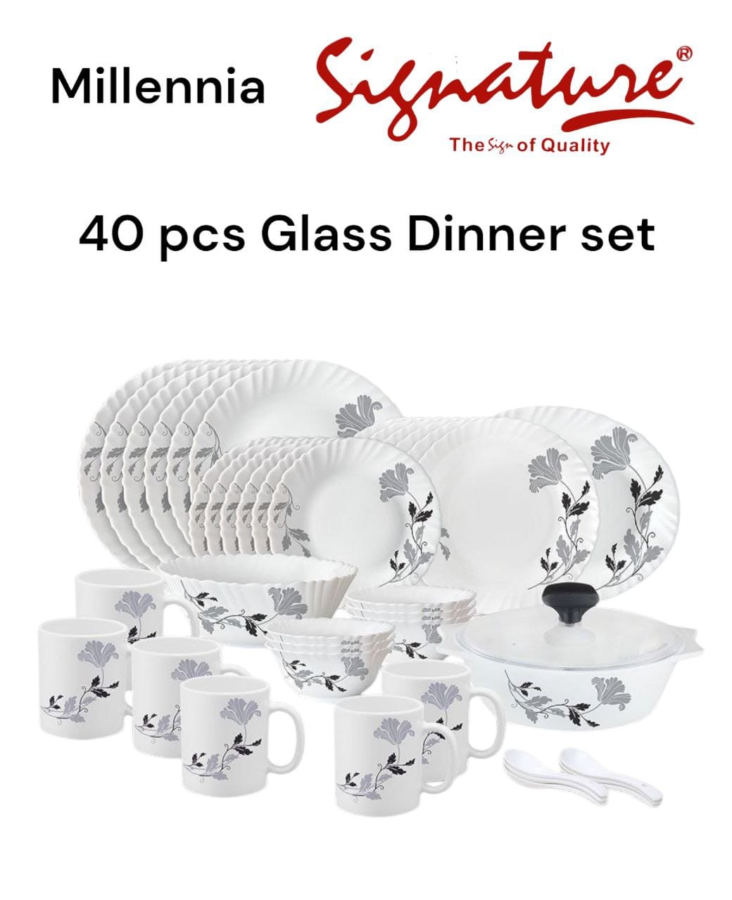 40 pcs Signature Glass Dinner sets  containing Dinning Plates, Side Plates, Cups, Bowls and Spoons