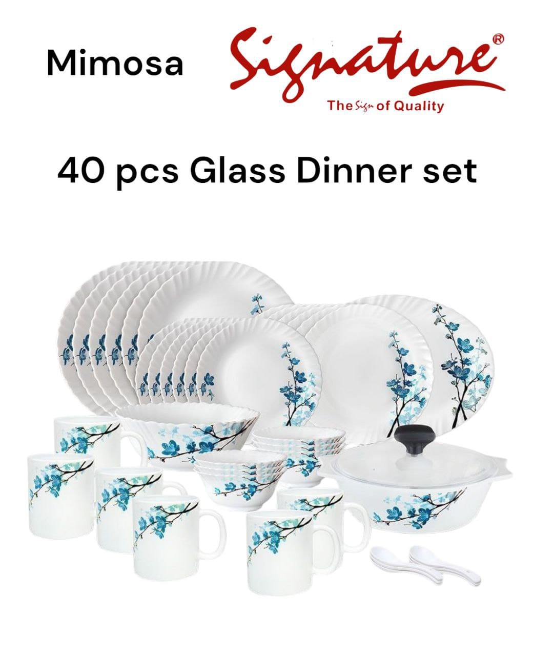 40 pcs Signature Glass Dinner sets  containing Dinning Plates, Side Plates, Cups, Bowls and Spoons