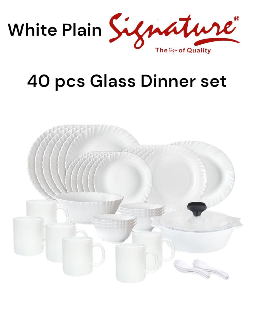 40 pcs Signature Glass Dinner sets  containing Dinning Plates, Side Plates, Cups, Bowls and Spoons