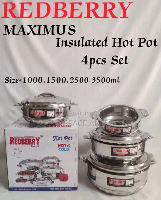 4 pcs Redberry Maximus Premier Range of Insulated Stainless Steel Hotpots  Serving Dish Hot Pot Sereware Set Casserole Hotpot (1000, 1500, 2500 and 3500ML)