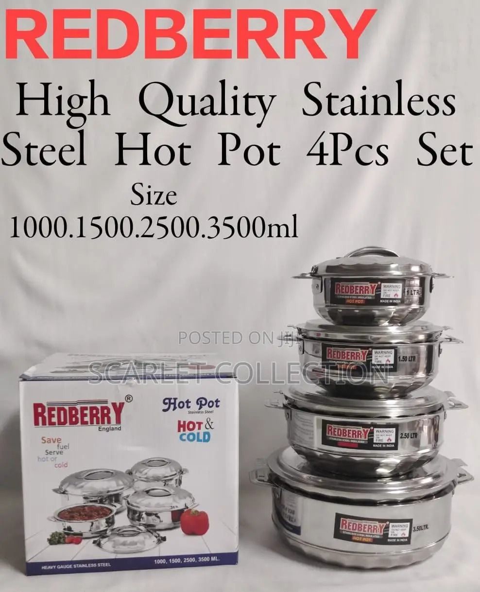 4 pcs Redberry Maximus Premier Range of Insulated Stainless Steel Hotpots  Serving Dish Hot Pot Sereware Set Casserole Hotpot (1000, 1500, 2500 and 3500ML)