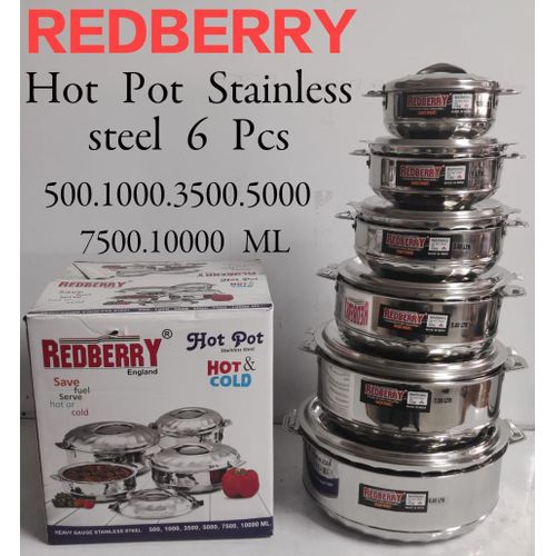6pcs Redberry Premier Range of Insulated Stainless Steel Hotpots  Serving Dish Hot Pot Sereware Set Casserole Hotpot (500, 1000, 3500, 5000, 7500 and 10000ML)