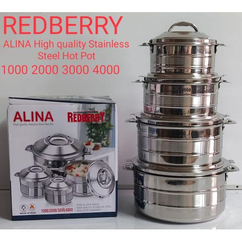 4 pcs Redberry Alina  Premier Range of Insulated Stainless Steel Hotpots  Serving Dish Hot Pot Sereware Set Casserole Hotpot (1000, 2000, 3000 and 4000ML)