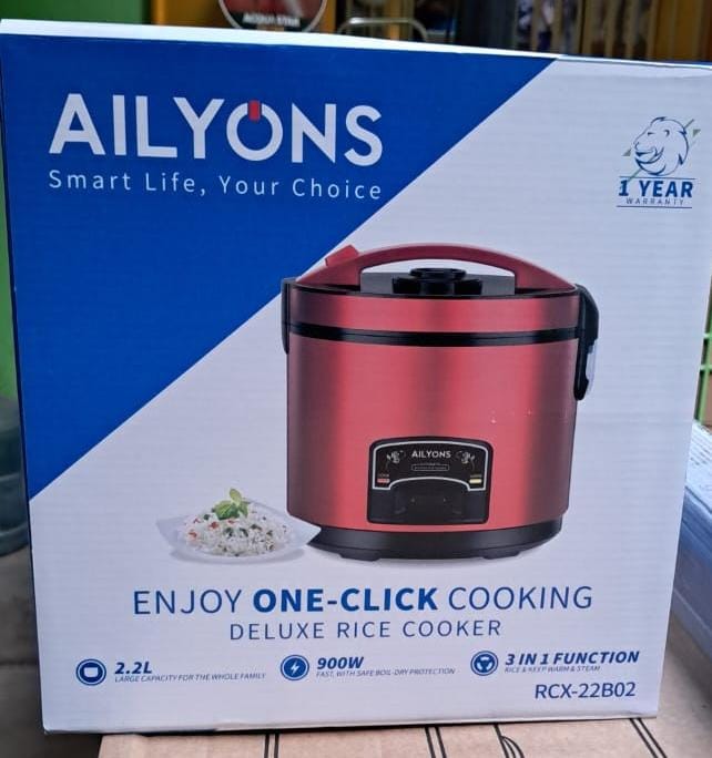 Ailyons 3in1 Deluxe Rice Cooker 2.2ltrs One Click Cooking 900W Stainless Steel Body