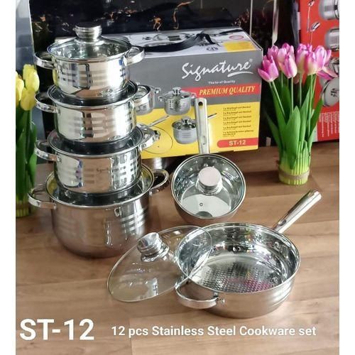 12pcs Signature Induction Base Stainless Steel  Cookware Set Kitchen  Non-Stick Cooking Pots Sufurias Can also be user as Serving Pots or Serveware Set