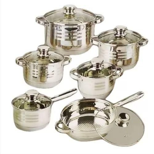 12pcs Signature Induction Base Stainless Steel  Cookware Set Kitchen  Non-Stick Cooking Pots Sufurias Can also be user as Serving Pots or Serveware Set