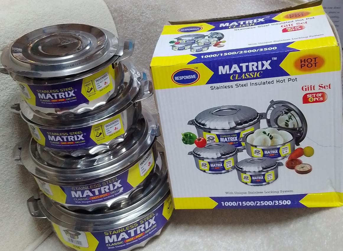 4 pcs Matrix Hotpots Stainless steel Serving Dish Casserole Sereware Set Hot Pot Serveware Set Serve Hot or Cold Food (1000/1500/2500/3500ml)