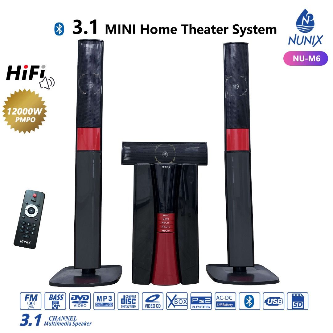 Nunix new model  NU-M6 12,000W PMPO OUTPUT  3.1CH Mini Home Theater  MULTIMEDIA WOOFER SYSTEM WITH 2 TALL Boys SPEAKERS SUBWOOFER